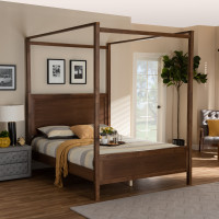 Baxton Studio MG0021-1-Walnut-Queen Veronica Modern and Contemporary Walnut Brown Finished Wood Queen Size Platform Canopy Bed